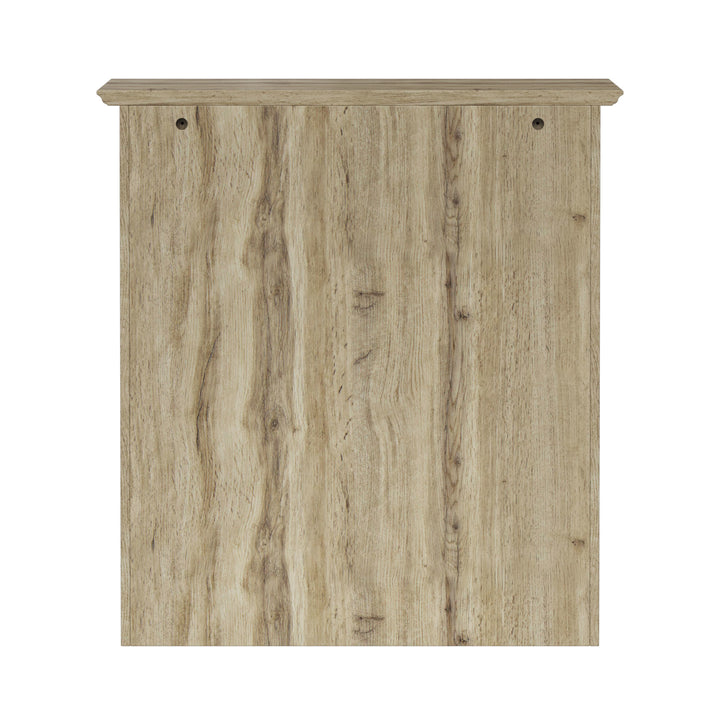 Back view of a light oak finished wall cabinet.