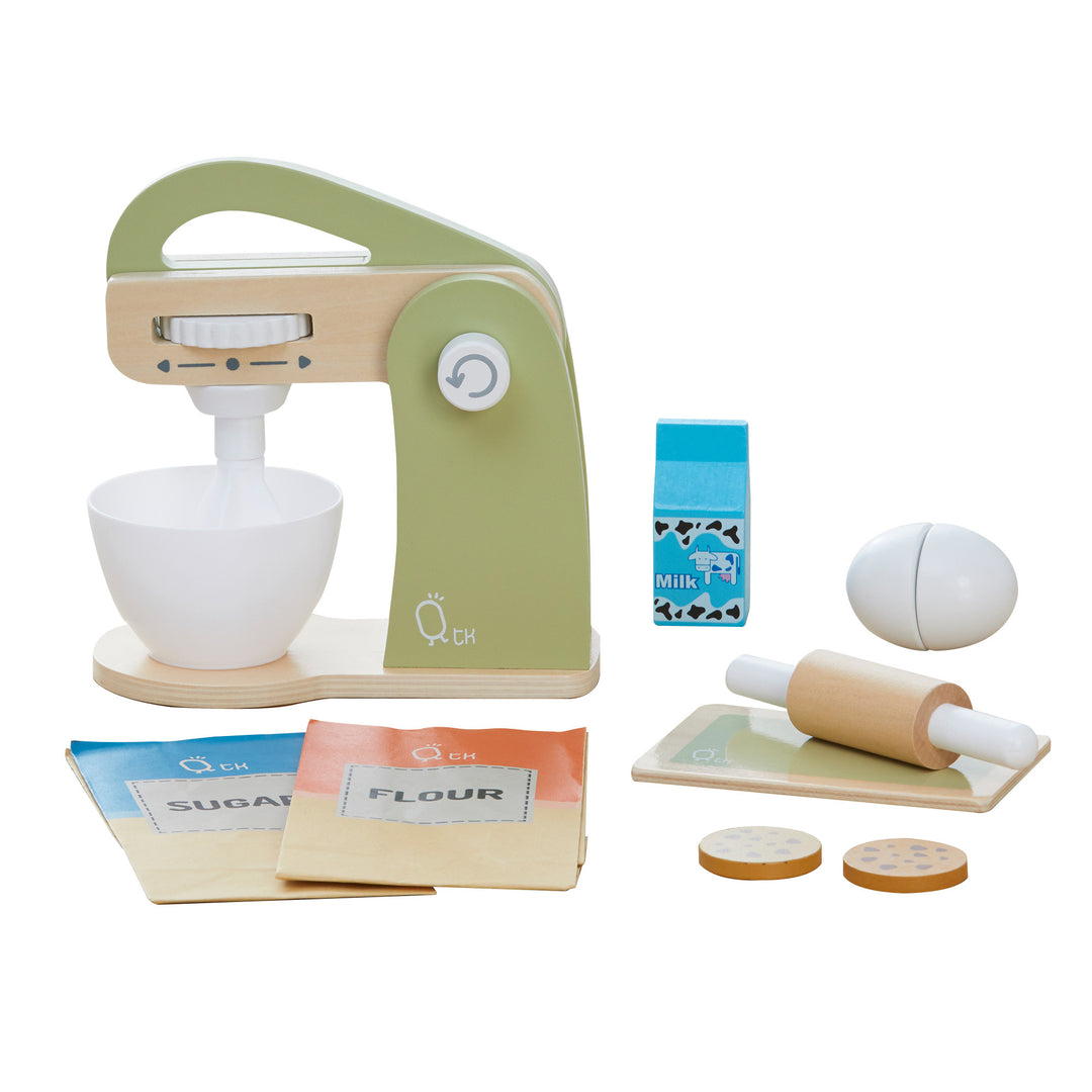 Teamson Kids Little Chef Frankfurt Wooden Mixer Play Kitchen Accessories with pretend milk, flour, sugar, eggs, and a rolling pin.